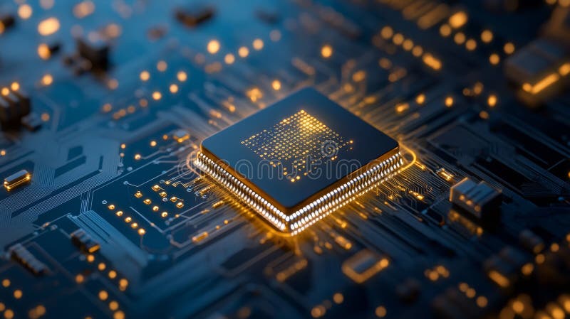Close-up of Glowing Microchip on Circuit Board vector illustration