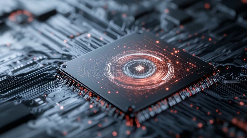 Close-up of a glowing processor chip on a circuit board. The chip is surrounded by intricate circuitry vector illustration