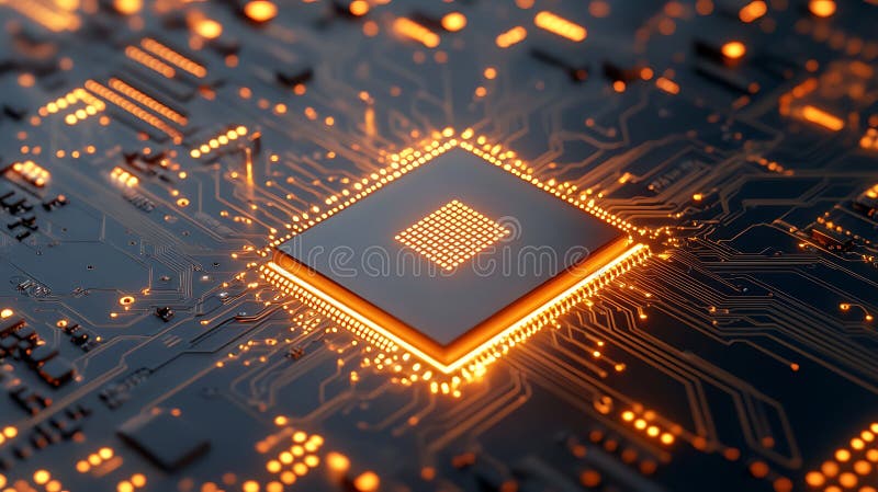 Close Up Of Glowing Processor On Circuit Board vector illustration