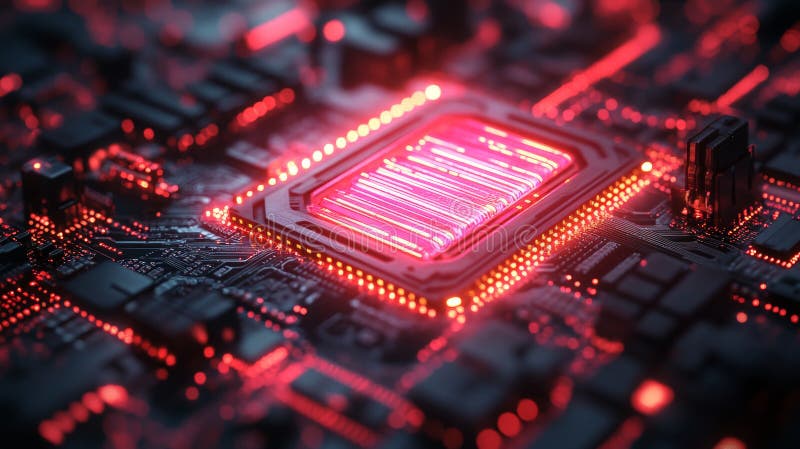 Close-up of a glowing processor on a circuit board stock illustration