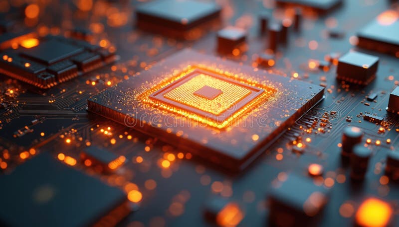 Close-up of glowing quantum computer circuit board with processor. Orange light emphasizes power, tech innovation. Futuristic stock illustration