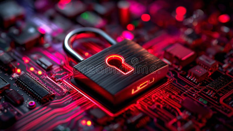 Close up of glowing red closed padlock on computer circuit board securing data vector illustration