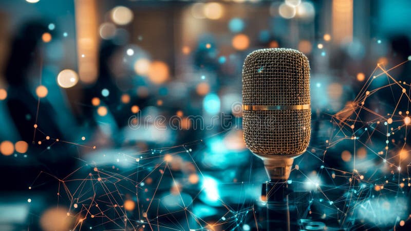 Close-Up of Gold Microphone in a Dynamic Conference Setting stock illustration