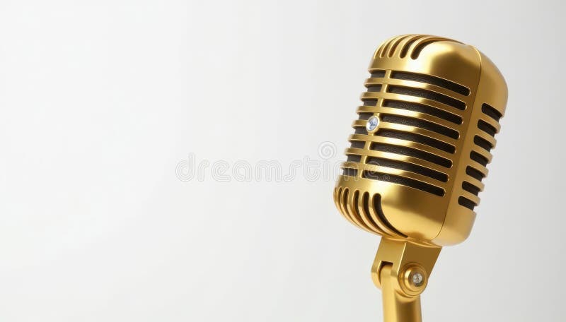 Close up of a gold microphone on white background, gold, abstract royalty free illustration
