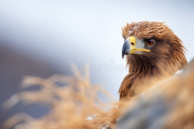 Un vultur auriu, prins pe marginea unei stânci stock image