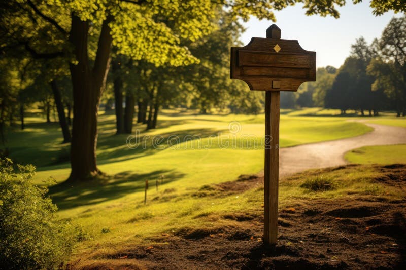 Close Up Golf Course Wooden Wayfinding Signage Board. Generative AI