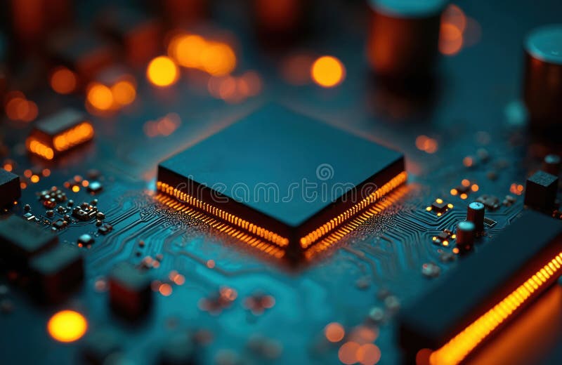 Close-up GPU chip on graphic card. Computer circuit board macro. Cryptocurrency mining boom using videocard. Technology stock photography