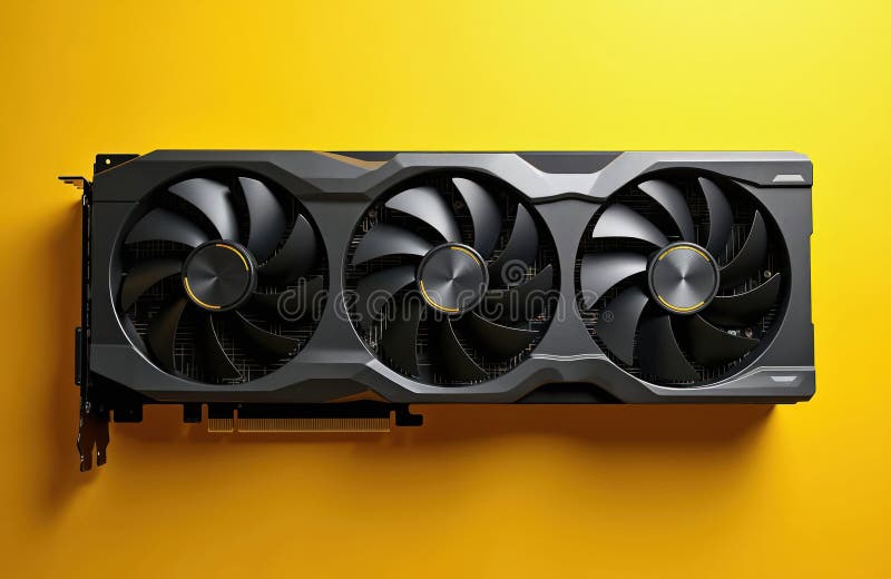 Close-up of graphic card isolated on yellow background. Modern high end computer hardware with three black fans cooling system. royalty free stock image
