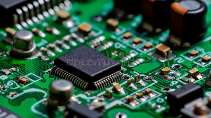 A close up of a green circuit board with electronic components vector illustration