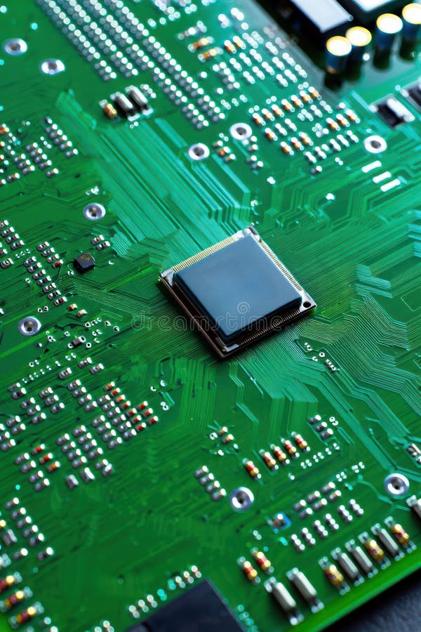 Close-up of a green circuit board with a microchip and electronic components stock image