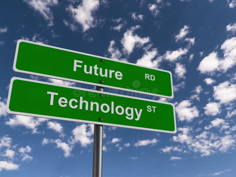 A close up of a green future technology road sign with the sky in the background.