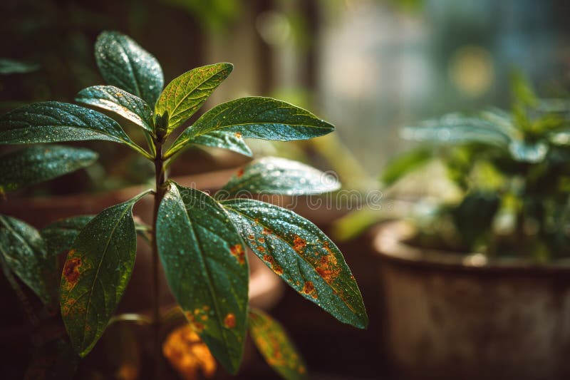 Close-up of a green plant growing in a pot, showcasing rust spots on its leaves royalty free stock images