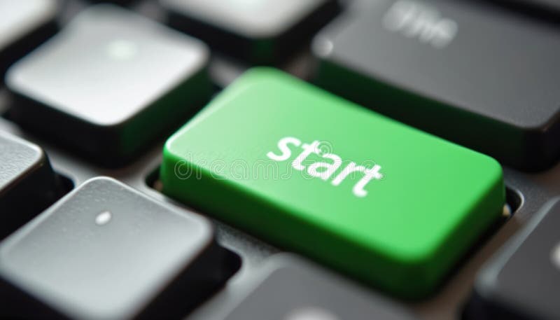 Close-up of green start button on black keyboard, symbolizing beginning, initiative. Key is white. Modern computer element. stock illustration