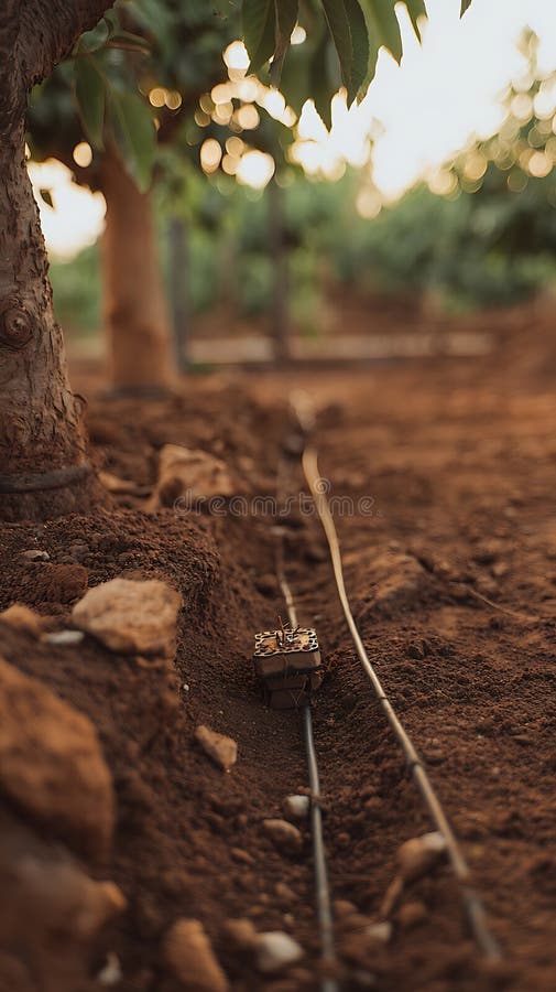 Ground level view of irrigation system with sun flares through leaves royalty free illustration