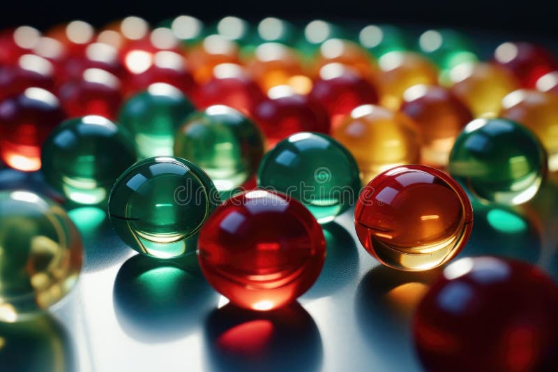 Close up of a group of glass balls with intricate details and reflections stock photography
