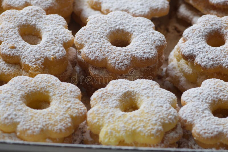 Close up of groups of canestrelli biscuits covered with icing su stock photography