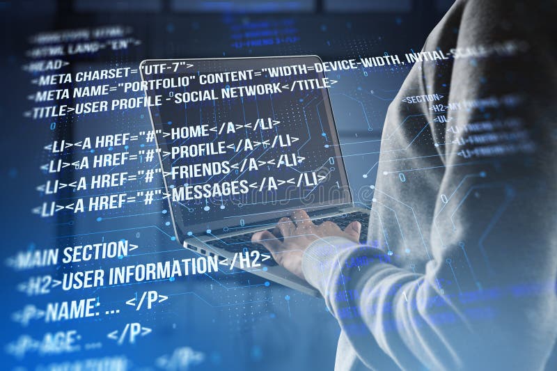 Close up of hacker using laptop with creative digital programming language on blurry background. Software developer, hacking stock photos