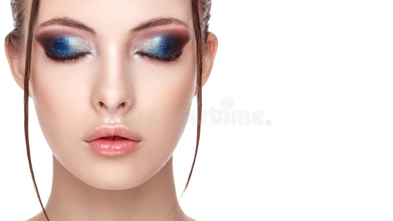 Close up half face portrait of girl with perfect fresh clean skin, young model with beautiful glamorous makeup, the wet effect on stock photography Close up half face portrait of girl with perfect fresh clean skin, young model with beautiful glamorous makeup, the wet effect on stock photography