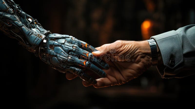 Close up hand of AI modern robot shake hand with human, Successful cooperation concept, The interaction of humans and artificial royalty free illustration