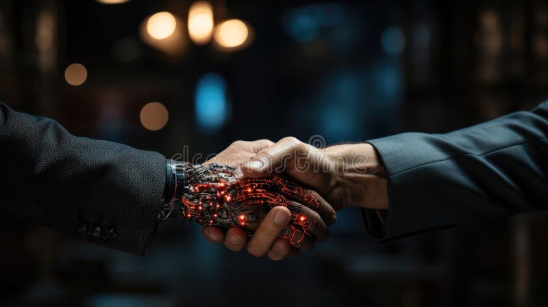 Close up hand of AI modern robot shake hand with human, Successful cooperation concept, The interaction of humans and artificial royalty free illustration