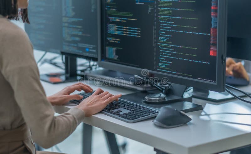 Close up hand of Asian prompt engineer developer coding app with software data sitting in front of computer monitor at office royalty free stock image