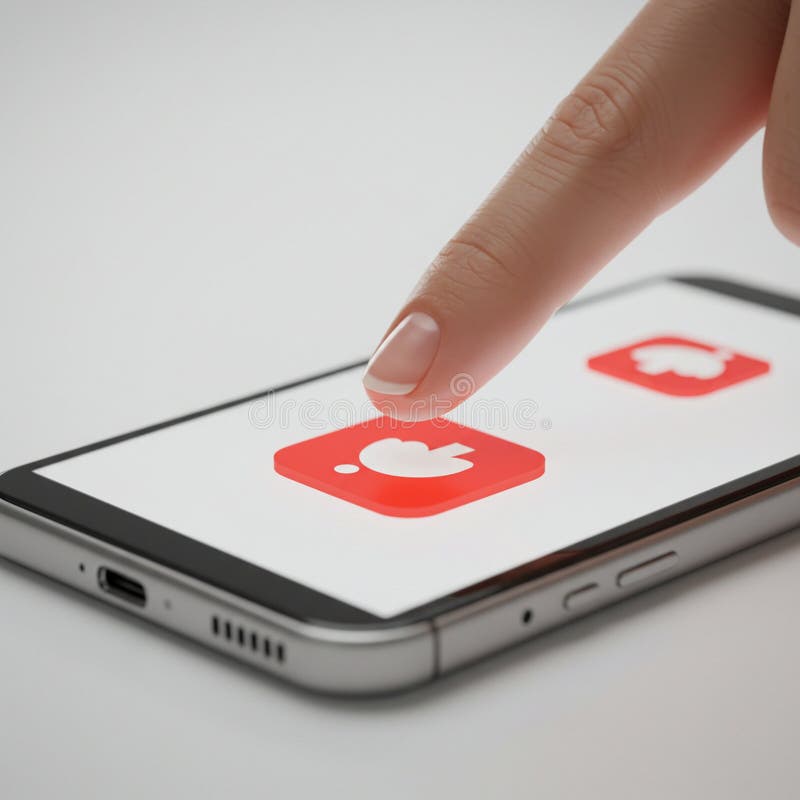 A close-up of a hand with a manicured finger is touching a smartphone screen. The vector illustration