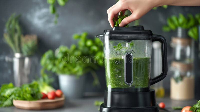 Close up of hand are operating a juice blender machine royalty free illustration