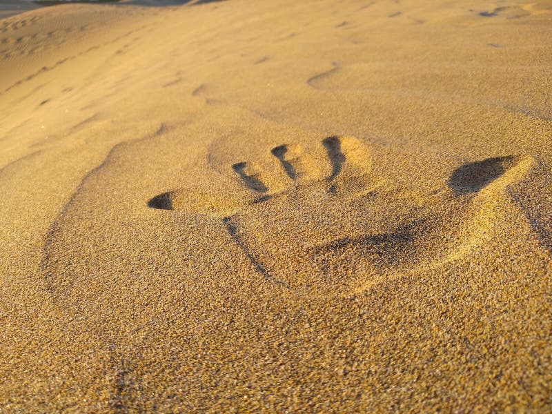 close up of a hand print of the left-handed on the golden sand of a dune of the desert. Horizontal photo stock images close up of a hand print of the left-handed on the golden sand of a dune of the desert. Horizontal photo stock images