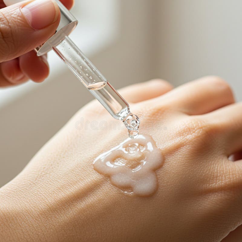 A close-up of a hand receiving a viscous, translucent serum from a glass dropper. stock illustration