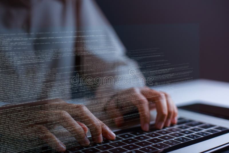 Close-up of hand of software developer writing code on laptop stock photos
