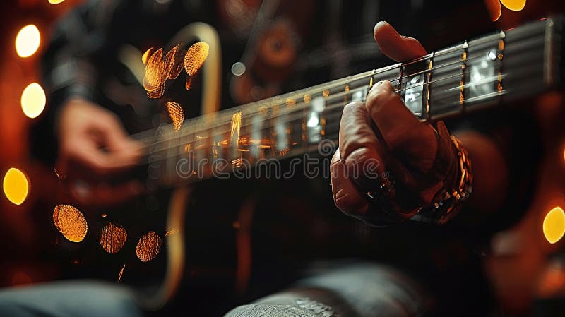 Close-up of a hand strumming a guitar royalty free stock photo