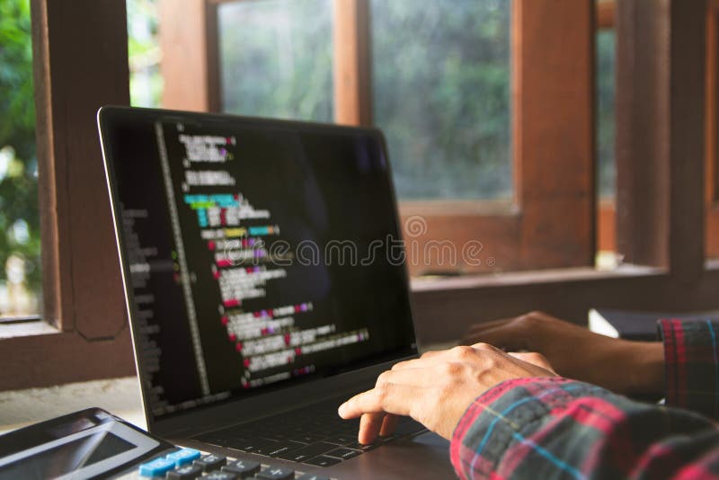 Close up, Hand typing on a keyboard, developer programming and coding technology. Website design Safety of the social world stock photography