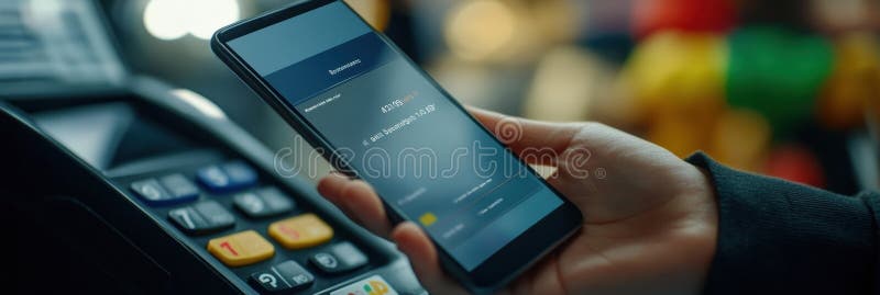 Close-up of a hand using smartphone for digital payment confirmation in a modern shopping environment stock images
