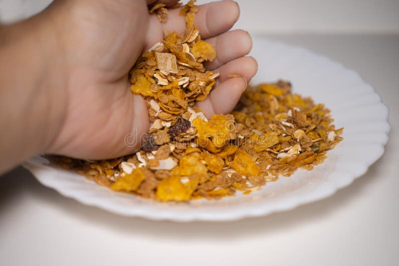 Close up of handful Muesli dry fruits, nut, oats, and seeds in white plate