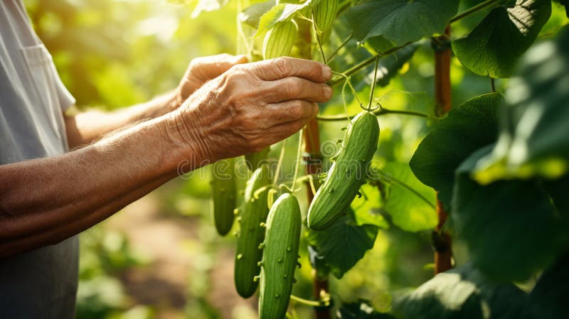 Close-up of hands carefully plucking a ripe cucumber from a bush in a greenhouse. Generative AI royalty free stock photo