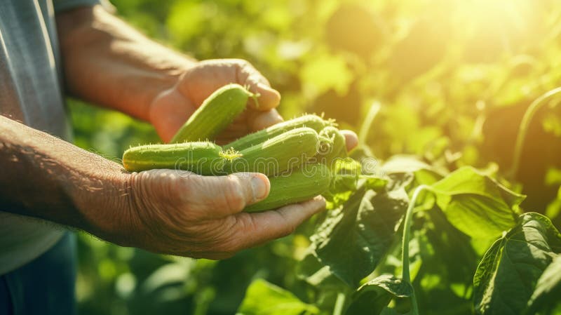 Close-up of hands carefully plucking a ripe cucumber from a bush in a greenhouse. Generative AI stock images