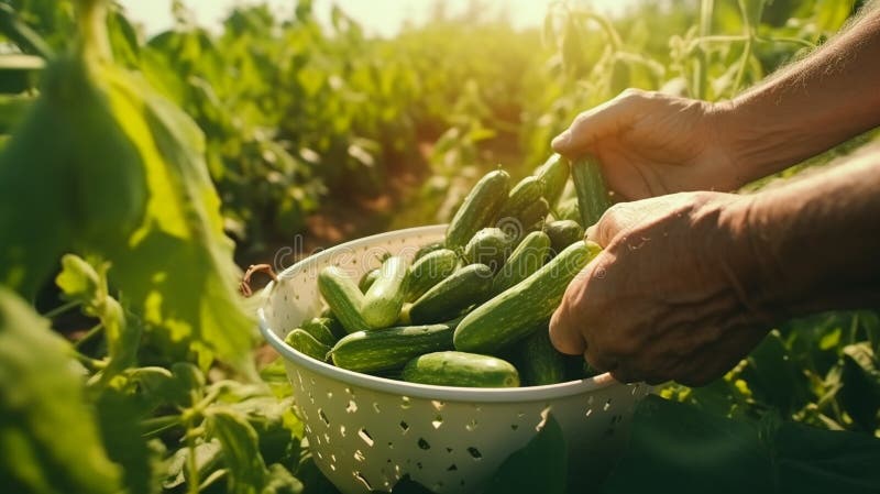 Close-up of hands carefully plucking a ripe cucumber from a bush in a greenhouse. Generative AI royalty free stock images