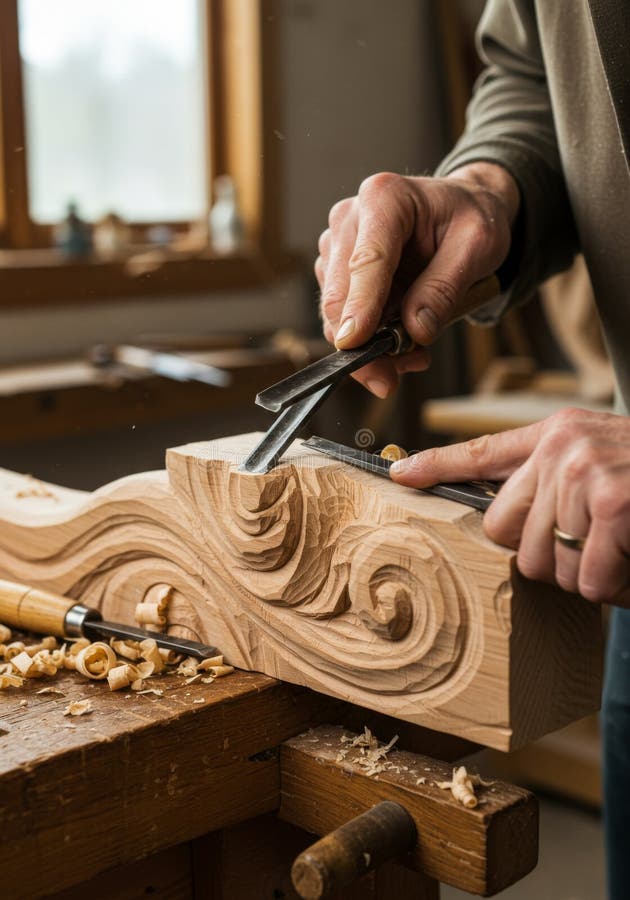 Close-up of Hands Carving Intricate Wood Detail royalty free illustration