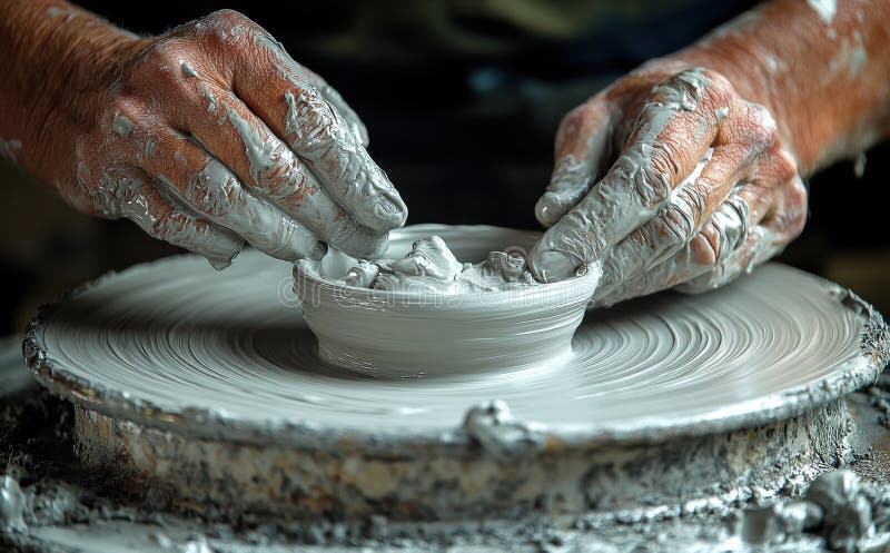 Close-up of hands crafting pottery on a spinning potter's wheel royalty free illustration