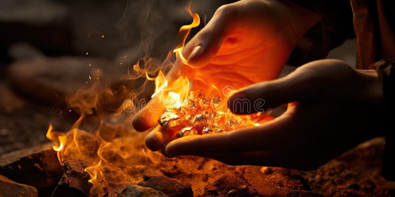 Close-up of hands holding campfire embers, with sparks floating upwards , concept of Firelight stock photography