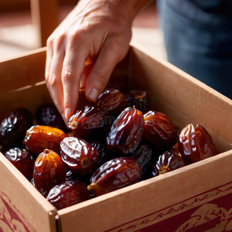 Close-up of hands holding dates into a box vector illustration