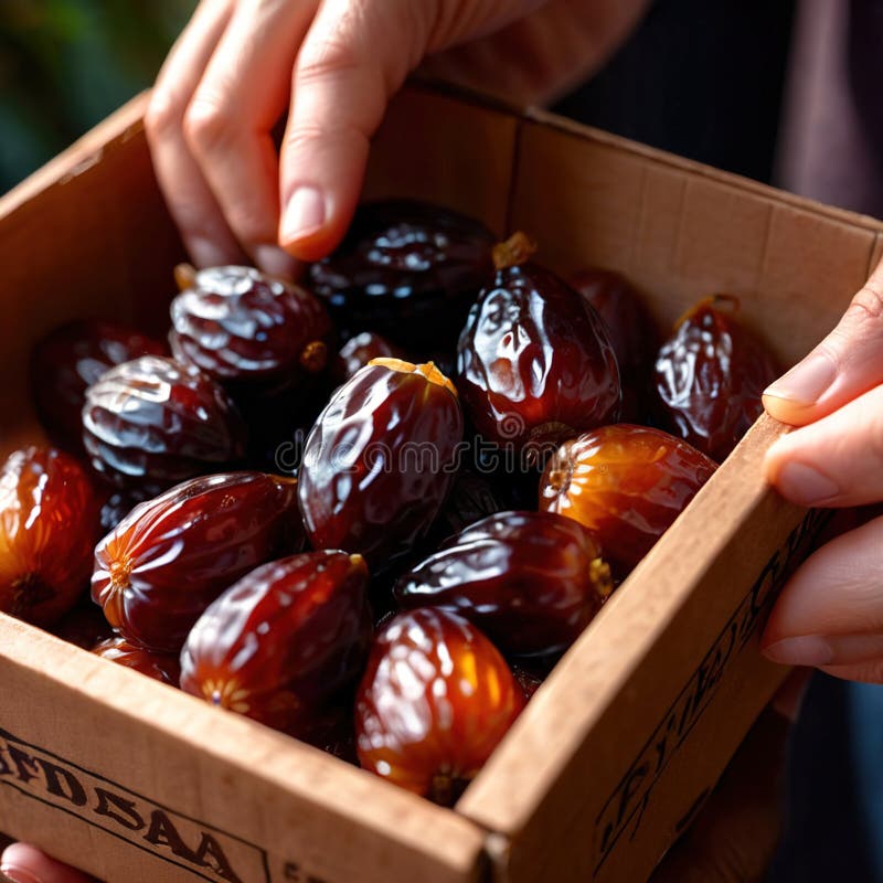 Close-up of hands holding dates into a box royalty free illustration