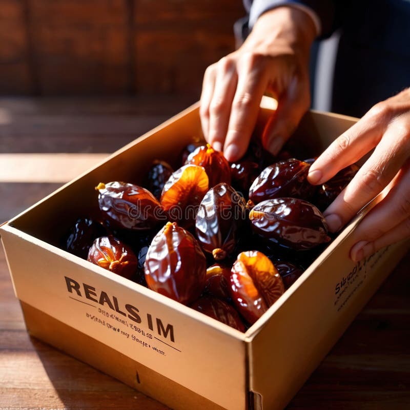 Close-up of hands holding dates into a box stock illustration