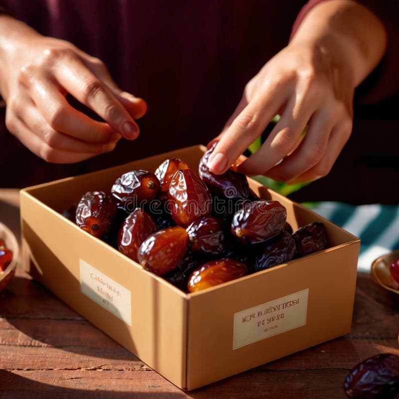 Close-up of hands holding dates into a box royalty free illustration