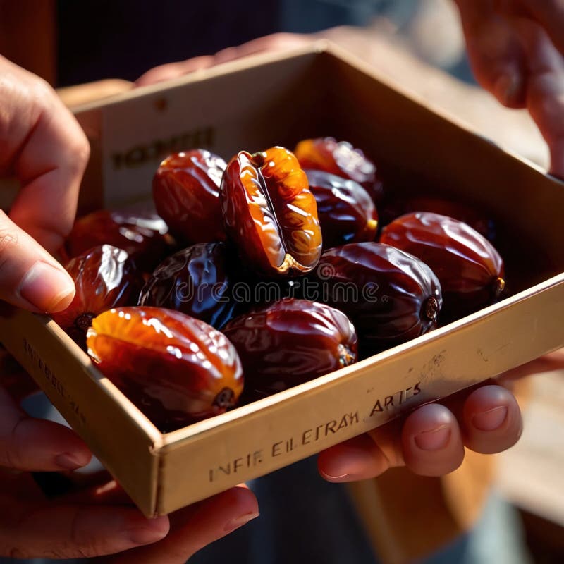 Close-up of hands holding dates into a box royalty free illustration