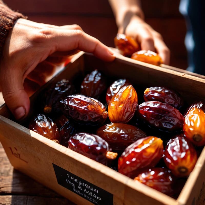 Close-up of hands holding dates into a box royalty free illustration