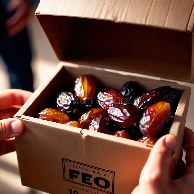 Close-up of hands holding dates into a box royalty free illustration