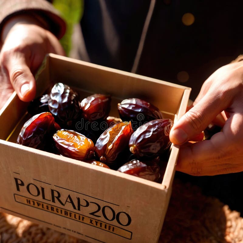 Close-up of hands holding dates into a box vector illustration