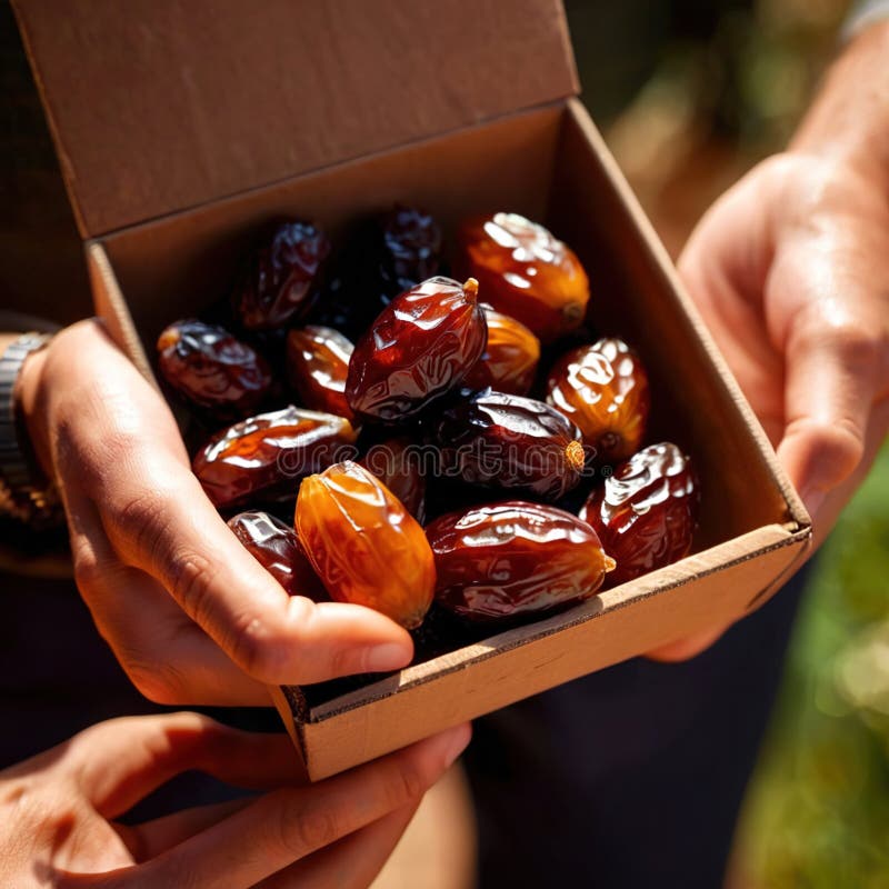 Close-up of hands holding dates into a box vector illustration