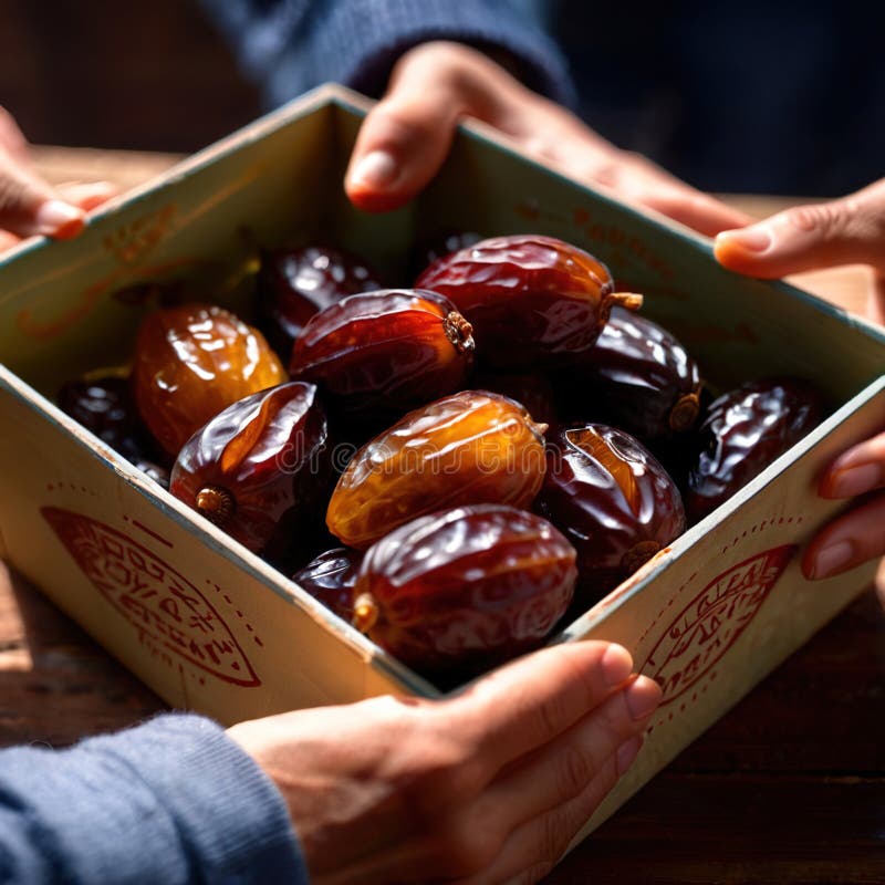 Close-up of hands holding dates into a box vector illustration